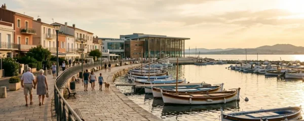 Vue panoramique de la promenade du bord de l'étang de Thau à Balaruc-les-Bains en lumière dorée de fin d'après-midi, avec l'établissement thermal en arrière-plan et des bateaux de pêche traditionnels amarrés