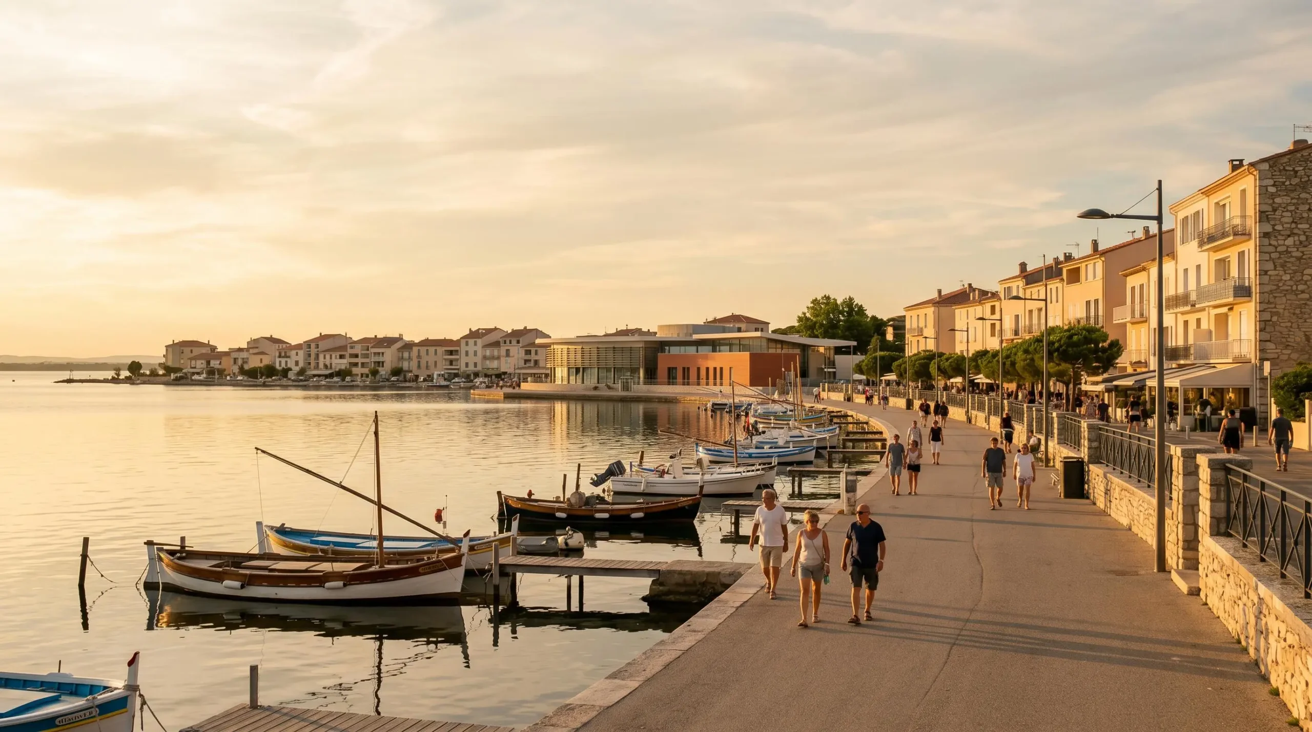 Vue panoramique de la promenade du bord de l'étang de Thau à Balaruc-les-Bains en lumière dorée de fin d'après-midi, avec l'établissement thermal en arrière-plan et des bateaux de pêche traditionnels amarrés