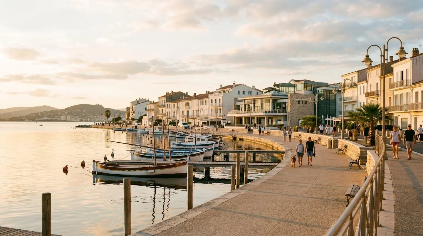 Vue panoramique de la promenade du bord de l'étang de Thau à Balaruc-les-Bains en lumière dorée de fin d'après-midi, avec l'établissement thermal en arrière-plan et des bateaux de pêche traditionnels amarrés