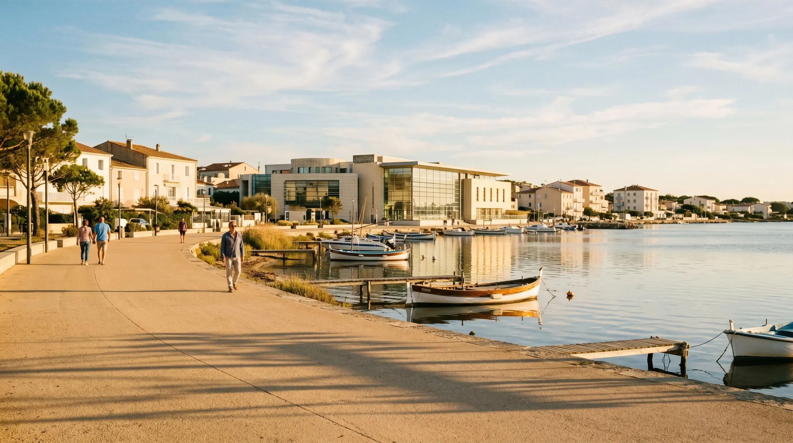 Vue panoramique de la promenade du bord de l'étang de Thau à Balaruc-les-Bains en lumière dorée de fin d'après-midi, avec l'établissement thermal en arrière-plan et des bateaux de pêche traditionnels amarrés