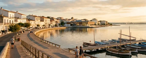 Vue panoramique de la promenade du bord de l'étang de Thau à Balaruc-les-Bains en lumière dorée de fin d'après-midi, avec l'établissement thermal en arrière-plan et des bateaux de pêche traditionnels amarrés