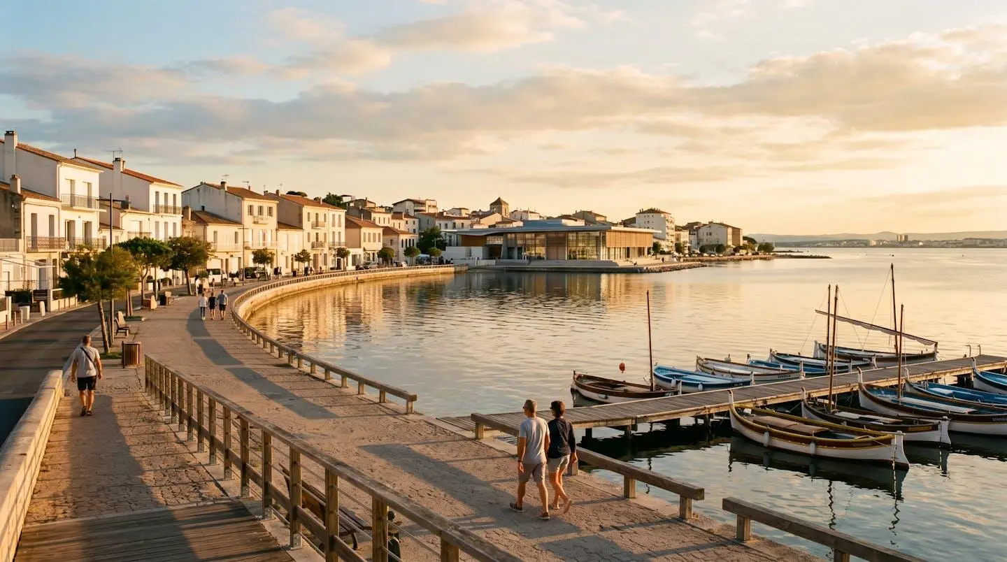 Vue panoramique de la promenade du bord de l'étang de Thau à Balaruc-les-Bains en lumière dorée de fin d'après-midi, avec l'établissement thermal en arrière-plan et des bateaux de pêche traditionnels amarrés