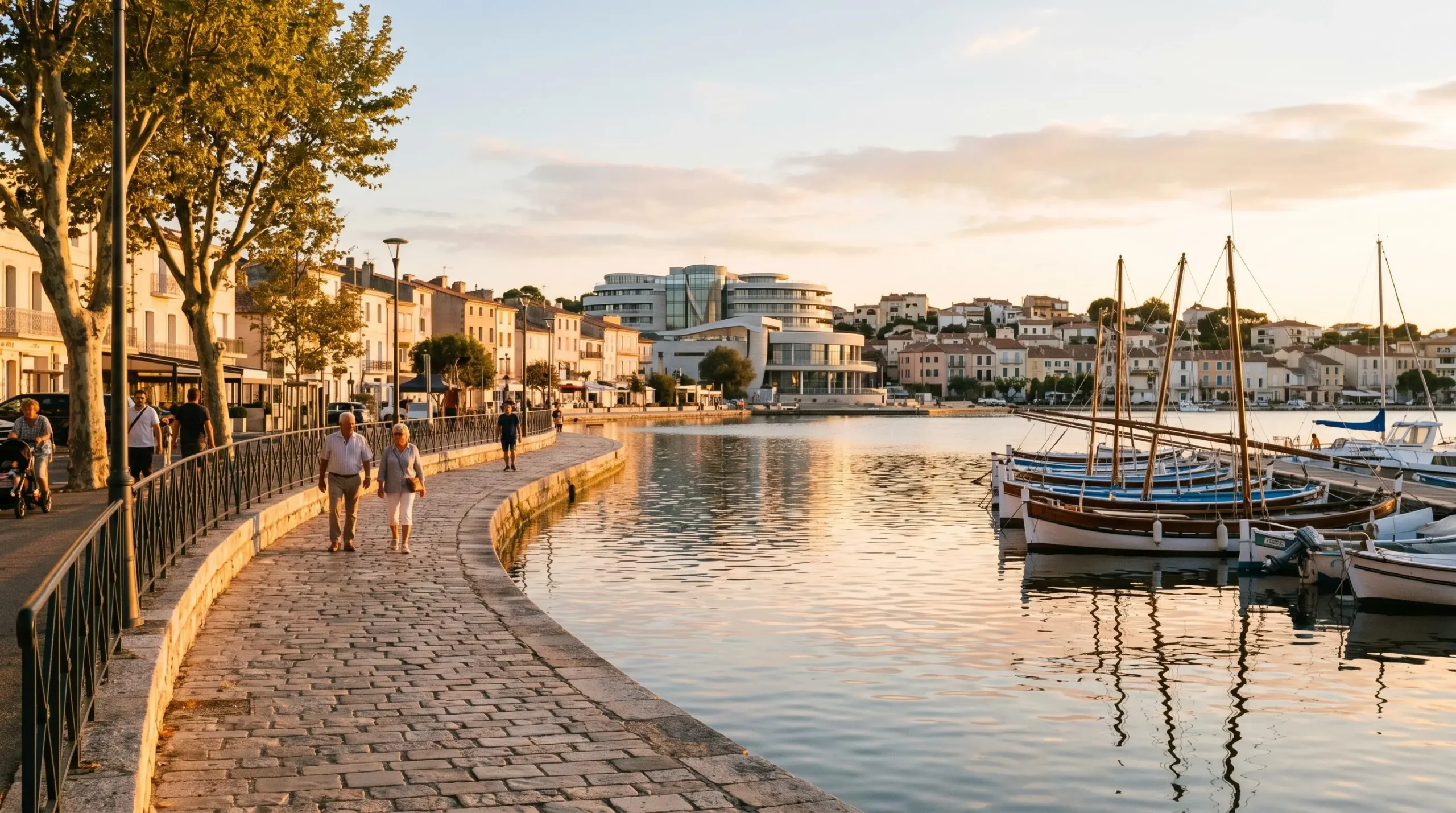 Vue panoramique de la promenade du bord de l'étang de Thau à Balaruc-les-Bains en lumière dorée de fin d'après-midi, avec l'établissement thermal en arrière-plan et des bateaux de pêche traditionnels amarrés