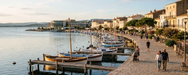Vue panoramique de la promenade du bord de l'étang de Thau à Balaruc-les-Bains en lumière dorée de fin d'après-midi, avec l'établissement thermal en arrière-plan et des bateaux de pêche traditionnels amarrés