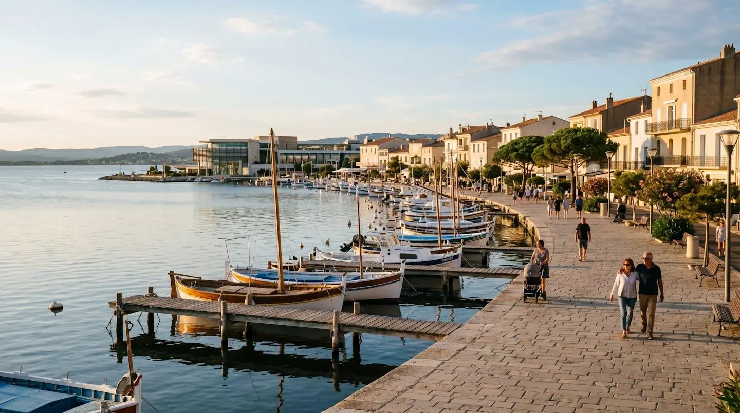 Vue panoramique de la promenade du bord de l'étang de Thau à Balaruc-les-Bains en lumière dorée de fin d'après-midi, avec l'établissement thermal en arrière-plan et des bateaux de pêche traditionnels amarrés