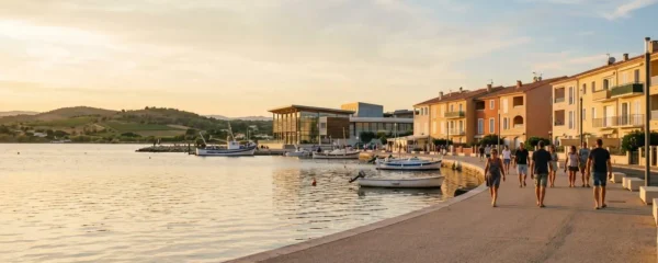 Vue panoramique de la promenade du bord de l'étang de Thau à Balaruc-les-Bains en lumière dorée de fin d'après-midi, avec l'établissement thermal en arrière-plan et des bateaux de pêche traditionnels amarrés