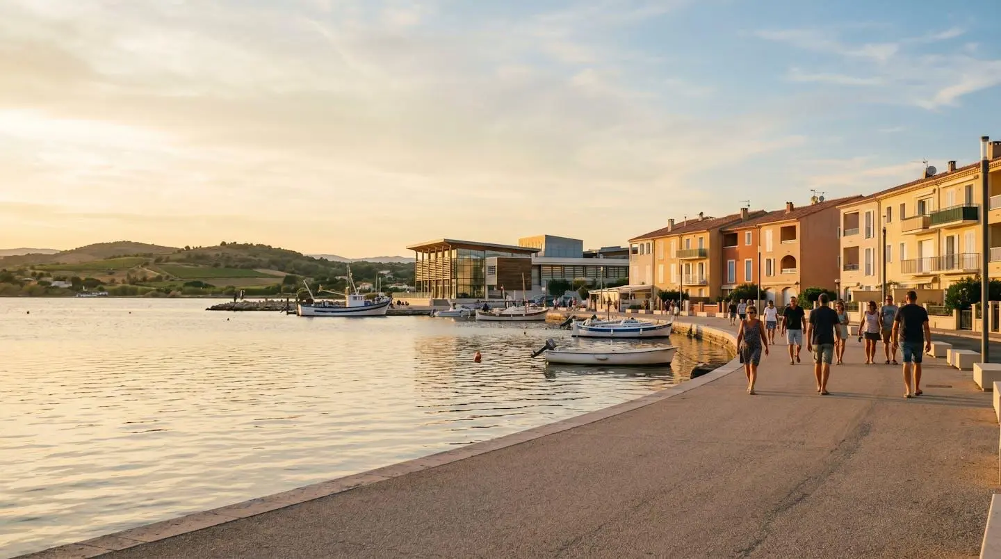 Vue panoramique de la promenade du bord de l'étang de Thau à Balaruc-les-Bains en lumière dorée de fin d'après-midi, avec l'établissement thermal en arrière-plan et des bateaux de pêche traditionnels amarrés