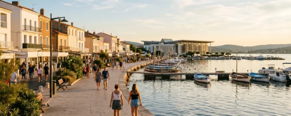 Vue panoramique de la promenade du bord de l'étang de Thau à Balaruc-les-Bains en lumière dorée de fin d'après-midi, avec l'établissement thermal en arrière-plan et des bateaux de pêche traditionnels amarrés