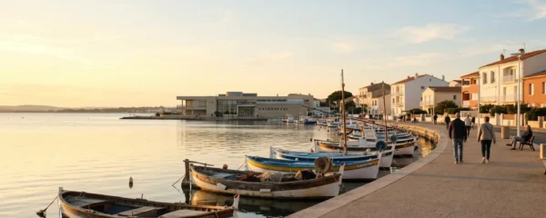 Vue panoramique de la promenade du bord de l'étang de Thau à Balaruc-les-Bains en lumière dorée de fin d'après-midi, avec l'établissement thermal en arrière-plan et des bateaux de pêche traditionnels amarrés