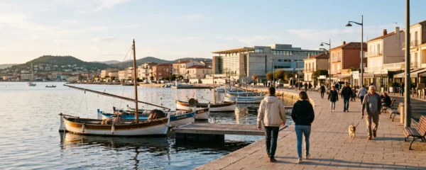 Vue panoramique de la promenade du bord de l'étang de Thau à Balaruc-les-Bains en lumière dorée de fin d'après-midi, avec l'établissement thermal en arrière-plan et des bateaux de pêche traditionnels amarrés