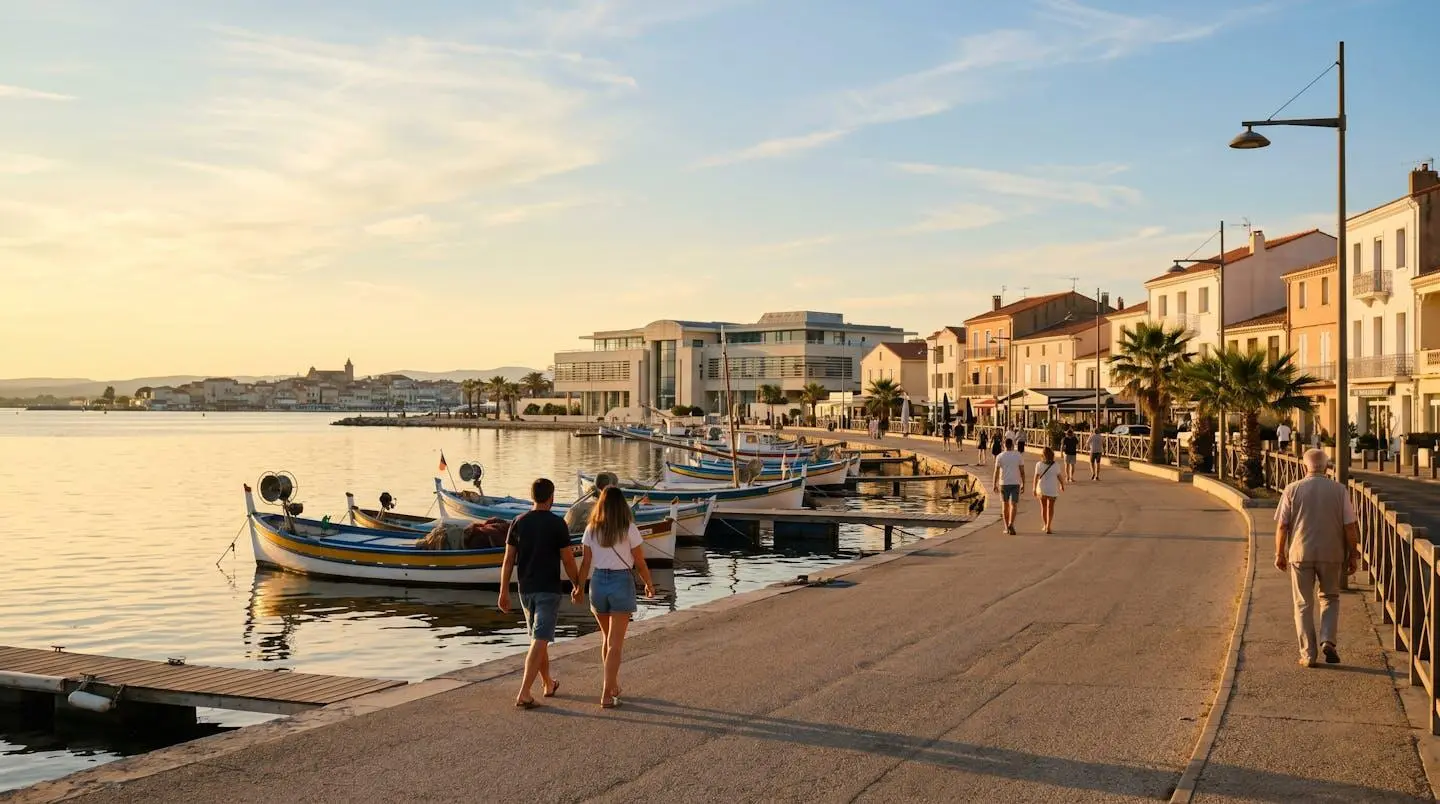 Vue panoramique de la promenade du bord de l'étang de Thau à Balaruc-les-Bains en lumière dorée de fin d'après-midi, avec l'établissement thermal en arrière-plan et des bateaux de pêche traditionnels amarrés