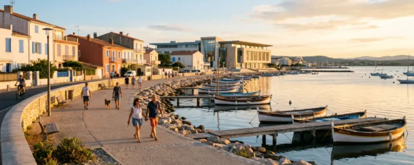 Vue panoramique de la promenade du bord de l'étang de Thau à Balaruc-les-Bains en lumière dorée de fin d'après-midi, avec l'établissement thermal en arrière-plan et des bateaux de pêche traditionnels amarrés