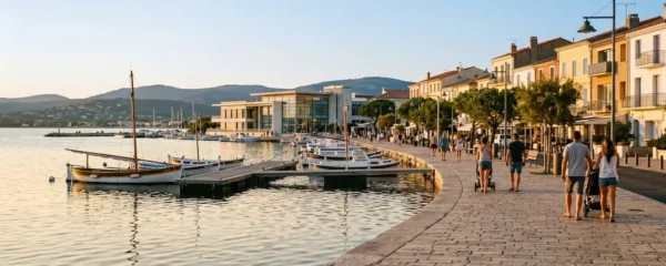 Vue panoramique de la promenade du bord de l'étang de Thau à Balaruc-les-Bains en lumière dorée de fin d'après-midi, avec l'établissement thermal en arrière-plan et des bateaux de pêche traditionnels amarrés
