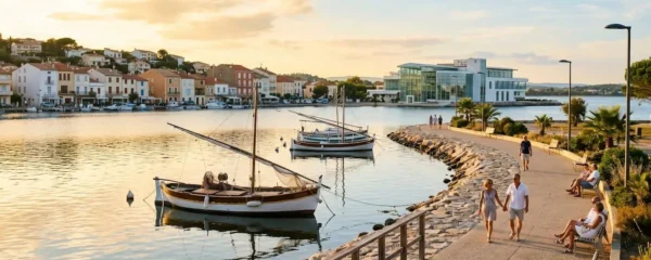 Vue panoramique de la promenade du bord de l'étang de Thau à Balaruc-les-Bains en lumière dorée de fin d'après-midi, avec l'établissement thermal en arrière-plan et des bateaux de pêche traditionnels amarrés