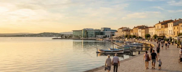 Vue panoramique de la promenade du bord de l'étang de Thau à Balaruc-les-Bains en lumière dorée de fin d'après-midi, avec l'établissement thermal en arrière-plan et des bateaux de pêche traditionnels amarrés