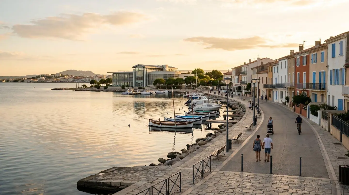 Vue panoramique de la promenade du bord de l'étang de Thau à Balaruc-les-Bains en lumière dorée de fin d'après-midi, avec l'établissement thermal en arrière-plan et des bateaux de pêche traditionnels amarrés