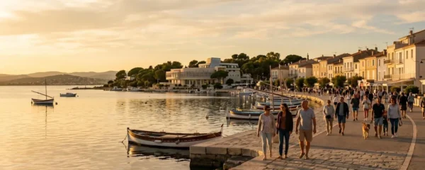 Vue panoramique de la promenade du bord de l'étang de Thau à Balaruc-les-Bains en lumière dorée de fin d'après-midi, avec l'établissement thermal en arrière-plan et des bateaux de pêche traditionnels amarrés