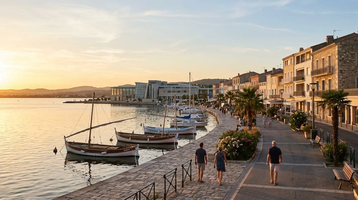 Vue panoramique de la promenade du bord de l'étang de Thau à Balaruc-les-Bains en lumière dorée de fin d'après-midi, avec l'établissement thermal en arrière-plan et des bateaux de pêche traditionnels amarrés