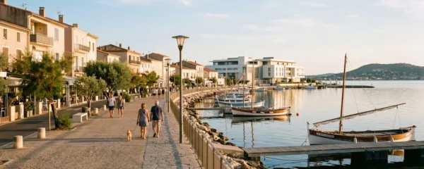 Vue panoramique de la promenade du bord de l'étang de Thau à Balaruc-les-Bains en lumière dorée de fin d'après-midi, avec l'établissement thermal en arrière-plan et des bateaux de pêche traditionnels amarrés