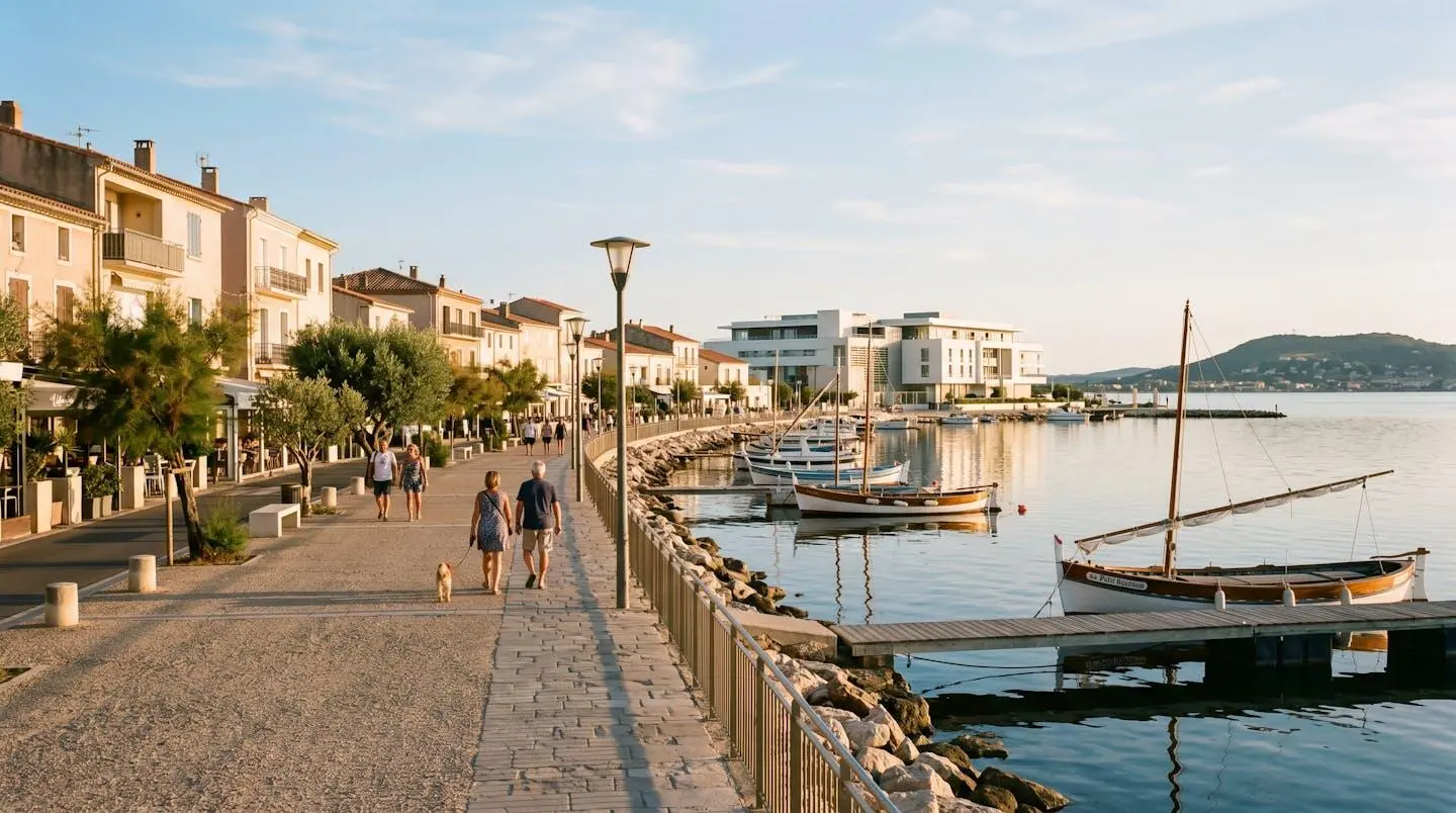 Vue panoramique de la promenade du bord de l'étang de Thau à Balaruc-les-Bains en lumière dorée de fin d'après-midi, avec l'établissement thermal en arrière-plan et des bateaux de pêche traditionnels amarrés