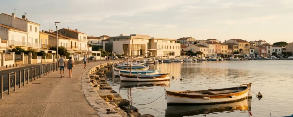 Vue panoramique de la promenade du bord de l'étang de Thau à Balaruc-les-Bains en lumière dorée de fin d'après-midi, avec l'établissement thermal en arrière-plan et des bateaux de pêche traditionnels amarrés