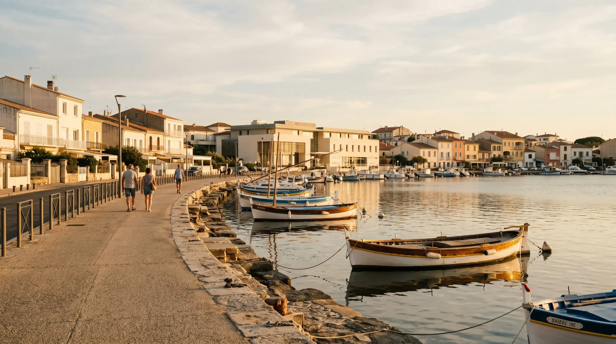Vue panoramique de la promenade du bord de l'étang de Thau à Balaruc-les-Bains en lumière dorée de fin d'après-midi, avec l'établissement thermal en arrière-plan et des bateaux de pêche traditionnels amarrés
