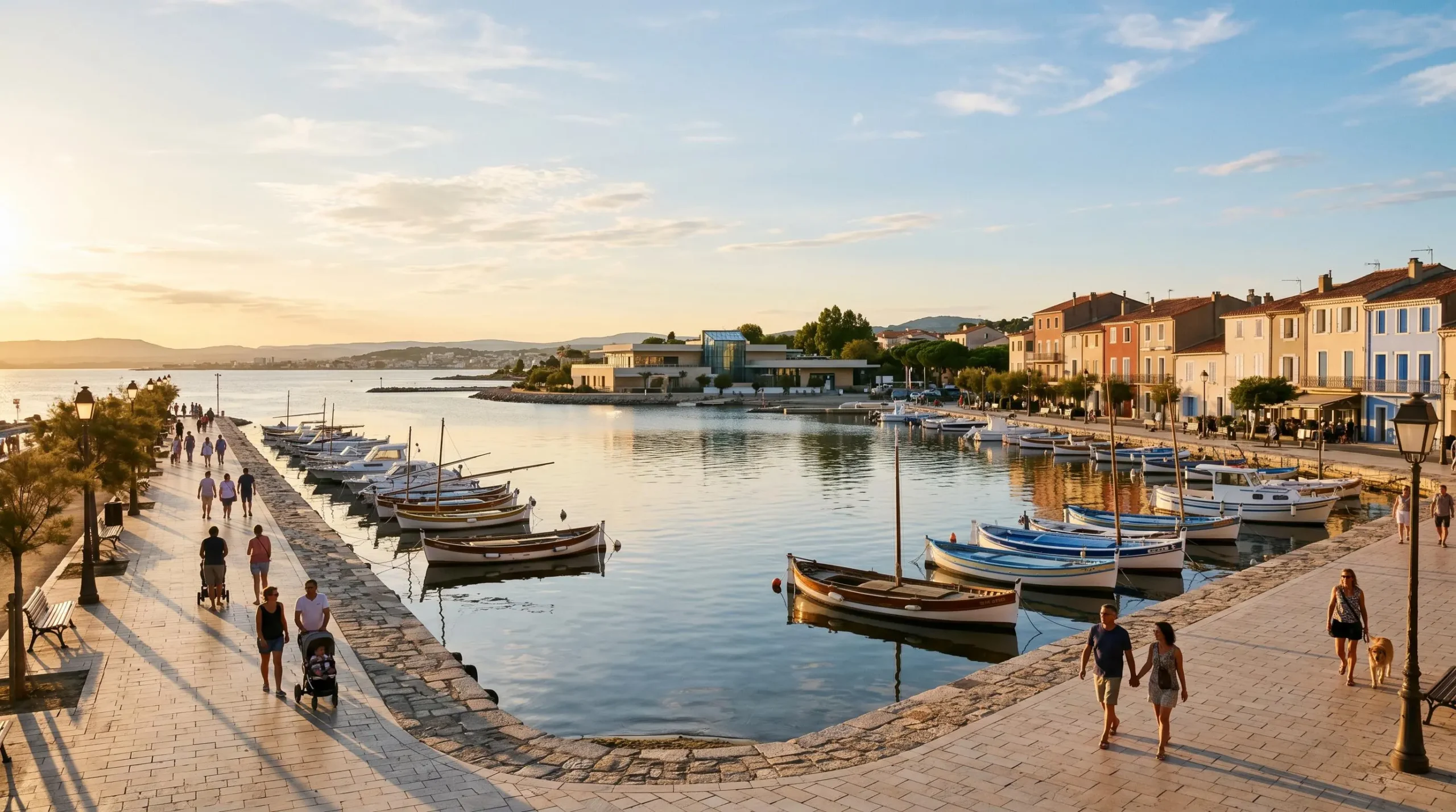 Vue panoramique de la promenade du bord de l'étang de Thau à Balaruc-les-Bains en lumière dorée de fin d'après-midi, avec l'établissement thermal en arrière-plan et des bateaux de pêche traditionnels amarrés