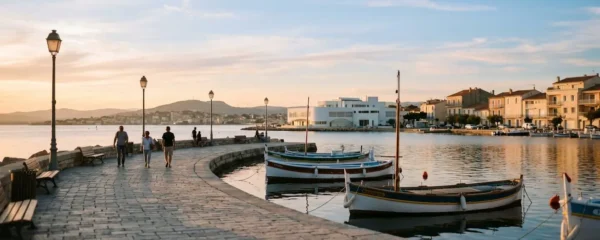 Vue panoramique de la promenade du bord de l'étang de Thau à Balaruc-les-Bains en lumière dorée de fin d'après-midi, avec l'établissement thermal en arrière-plan et des bateaux de pêche traditionnels amarrés