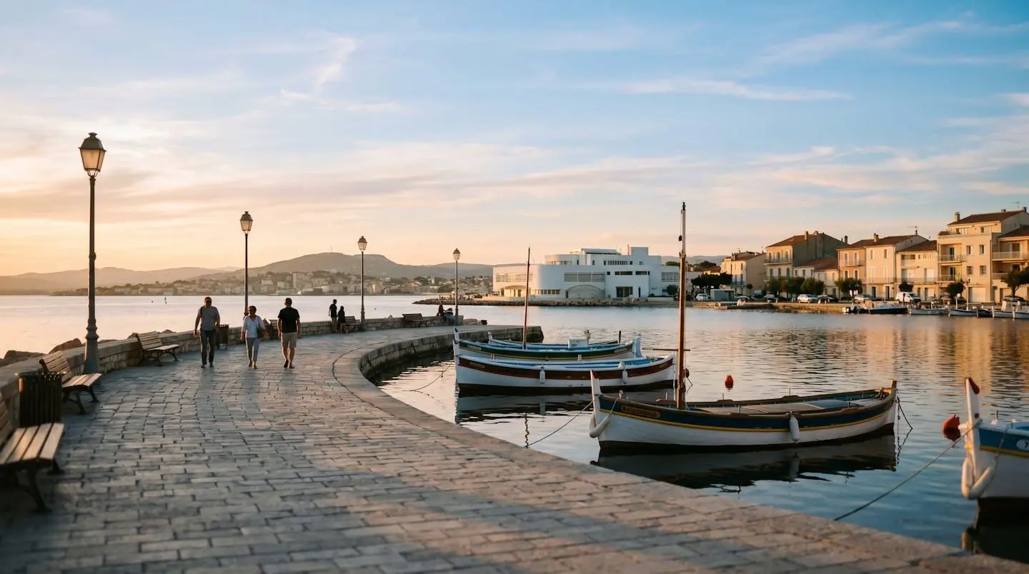 Vue panoramique de la promenade du bord de l'étang de Thau à Balaruc-les-Bains en lumière dorée de fin d'après-midi, avec l'établissement thermal en arrière-plan et des bateaux de pêche traditionnels amarrés