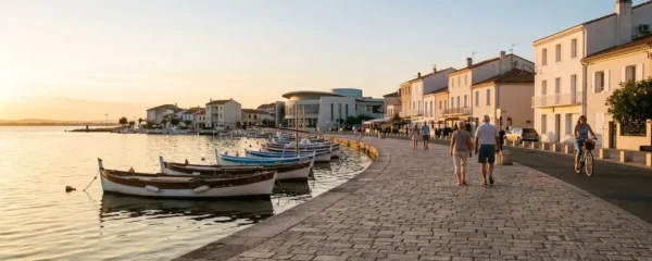 Vue panoramique de la promenade du bord de l'étang de Thau à Balaruc-les-Bains en lumière dorée de fin d'après-midi, avec l'établissement thermal en arrière-plan et des bateaux de pêche traditionnels amarrés