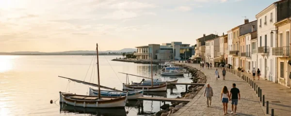 Vue panoramique de la promenade du bord de l'étang de Thau à Balaruc-les-Bains en lumière dorée de fin d'après-midi, avec l'établissement thermal en arrière-plan et des bateaux de pêche traditionnels amarrés