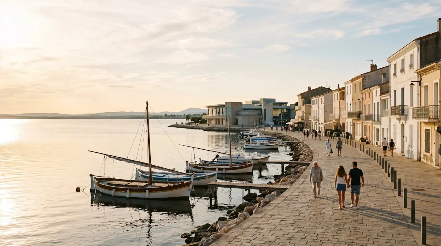 Vue panoramique de la promenade du bord de l'étang de Thau à Balaruc-les-Bains en lumière dorée de fin d'après-midi, avec l'établissement thermal en arrière-plan et des bateaux de pêche traditionnels amarrés