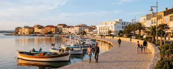 Vue panoramique de la promenade du bord de l'étang de Thau à Balaruc-les-Bains en lumière dorée de fin d'après-midi, avec l'établissement thermal en arrière-plan et des bateaux de pêche traditionnels amarrés