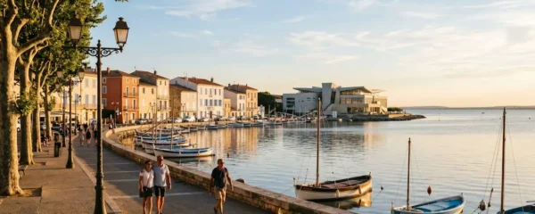 Vue panoramique de la promenade du bord de l'étang de Thau à Balaruc-les-Bains en lumière dorée de fin d'après-midi, avec l'établissement thermal en arrière-plan et des bateaux de pêche traditionnels amarrés
