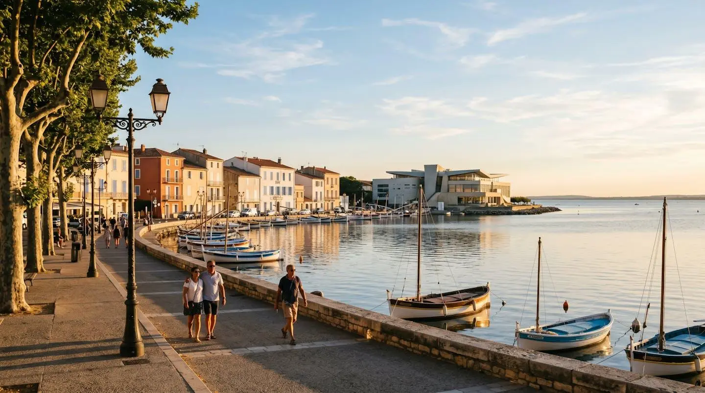 Vue panoramique de la promenade du bord de l'étang de Thau à Balaruc-les-Bains en lumière dorée de fin d'après-midi, avec l'établissement thermal en arrière-plan et des bateaux de pêche traditionnels amarrés