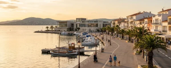 Vue panoramique de la promenade du bord de l'étang de Thau à Balaruc-les-Bains en lumière dorée de fin d'après-midi, avec l'établissement thermal en arrière-plan et des bateaux de pêche traditionnels amarrés