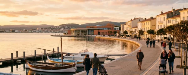 Vue panoramique de la promenade du bord de l'étang de Thau à Balaruc-les-Bains en lumière dorée de fin d'après-midi, avec l'établissement thermal en arrière-plan et des bateaux de pêche traditionnels amarrés