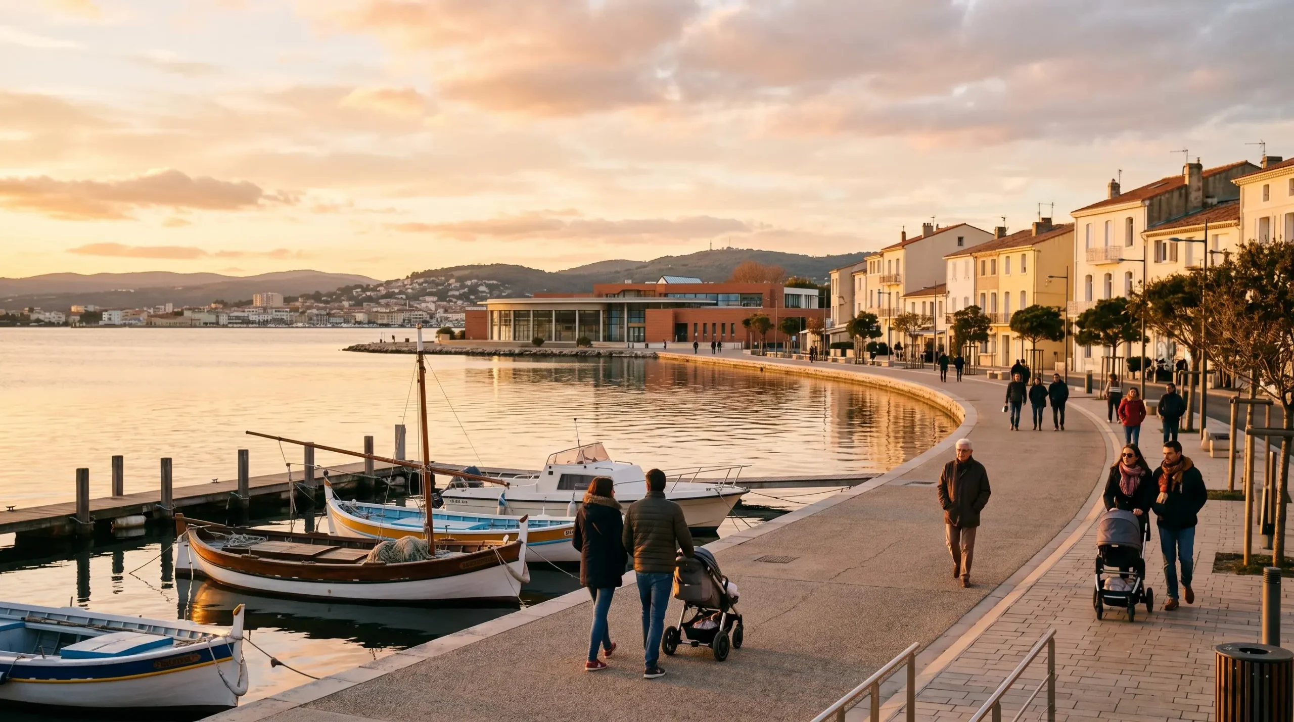 Vue panoramique de la promenade du bord de l'étang de Thau à Balaruc-les-Bains en lumière dorée de fin d'après-midi, avec l'établissement thermal en arrière-plan et des bateaux de pêche traditionnels amarrés