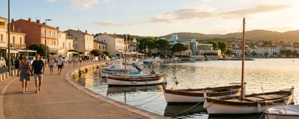 Vue panoramique de la promenade du bord de l'étang de Thau à Balaruc-les-Bains en lumière dorée de fin d'après-midi, avec l'établissement thermal en arrière-plan et des bateaux de pêche traditionnels amarrés