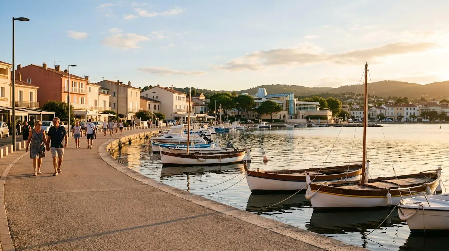 Vue panoramique de la promenade du bord de l'étang de Thau à Balaruc-les-Bains en lumière dorée de fin d'après-midi, avec l'établissement thermal en arrière-plan et des bateaux de pêche traditionnels amarrés