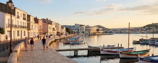 Vue panoramique de la promenade du bord de l'étang de Thau à Balaruc-les-Bains en lumière dorée de fin d'après-midi, avec l'établissement thermal en arrière-plan et des bateaux de pêche traditionnels amarrés