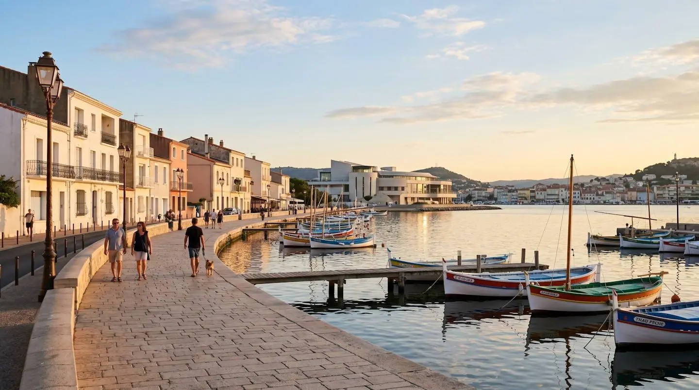 Vue panoramique de la promenade du bord de l'étang de Thau à Balaruc-les-Bains en lumière dorée de fin d'après-midi, avec l'établissement thermal en arrière-plan et des bateaux de pêche traditionnels amarrés