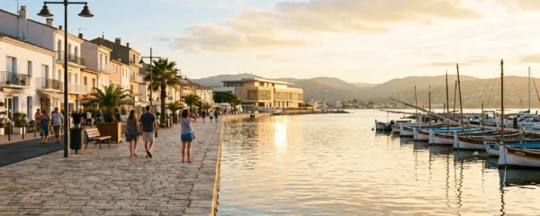 Vue panoramique de la promenade du bord de l'étang de Thau à Balaruc-les-Bains en lumière dorée de fin d'après-midi, avec l'établissement thermal en arrière-plan et des bateaux de pêche traditionnels amarrés