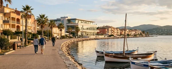 Vue panoramique de la promenade du bord de l'étang de Thau à Balaruc-les-Bains en lumière dorée de fin d'après-midi, avec l'établissement thermal en arrière-plan et des bateaux de pêche traditionnels amarrés