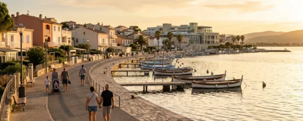 Vue panoramique de la promenade du bord de l'étang de Thau à Balaruc-les-Bains en lumière dorée de fin d'après-midi, avec l'établissement thermal en arrière-plan et des bateaux de pêche traditionnels amarrés