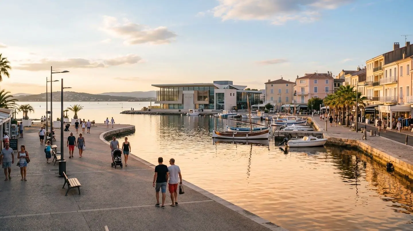 Vue panoramique de la promenade du bord de l'étang de Thau à Balaruc-les-Bains en lumière dorée de fin d'après-midi, avec l'établissement thermal en arrière-plan et des bateaux de pêche traditionnels amarrés