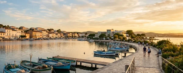 Vue panoramique de la promenade du bord de l'étang de Thau à Balaruc-les-Bains en lumière dorée de fin d'après-midi, avec l'établissement thermal en arrière-plan et des bateaux de pêche traditionnels amarrés