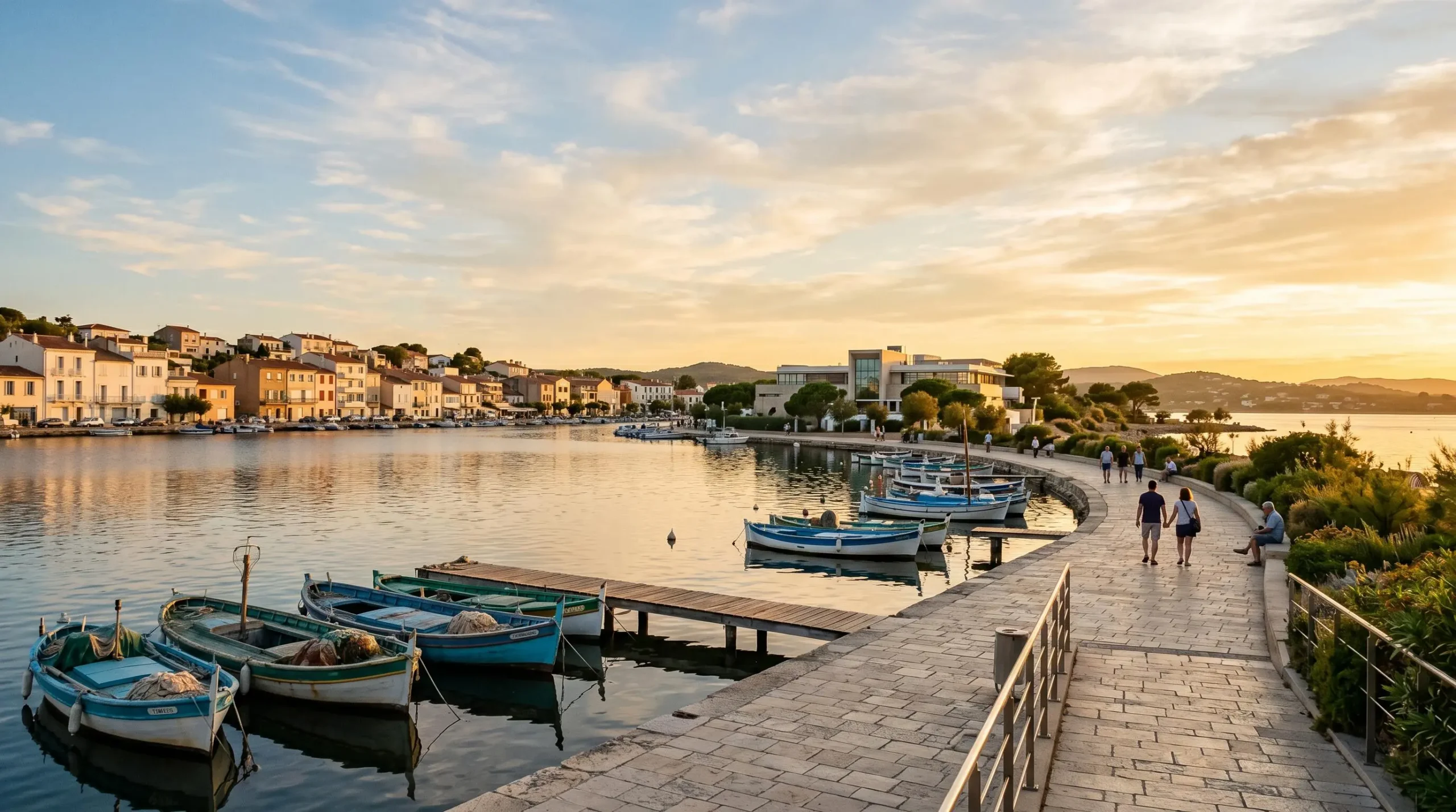 Vue panoramique de la promenade du bord de l'étang de Thau à Balaruc-les-Bains en lumière dorée de fin d'après-midi, avec l'établissement thermal en arrière-plan et des bateaux de pêche traditionnels amarrés