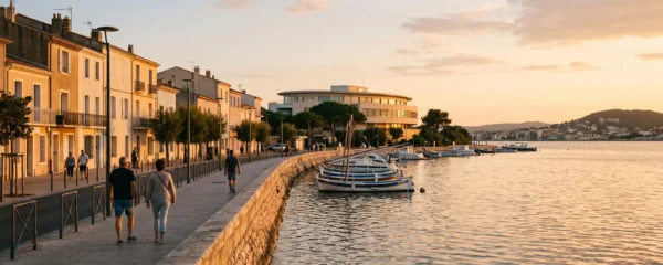 Vue panoramique de la promenade du bord de l'étang de Thau à Balaruc-les-Bains en lumière dorée de fin d'après-midi, avec l'établissement thermal en arrière-plan et des bateaux de pêche traditionnels amarrés