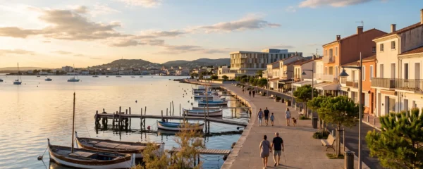 Vue panoramique de la promenade du bord de l'étang de Thau à Balaruc-les-Bains en lumière dorée de fin d'après-midi, avec l'établissement thermal en arrière-plan et des bateaux de pêche traditionnels amarrés
